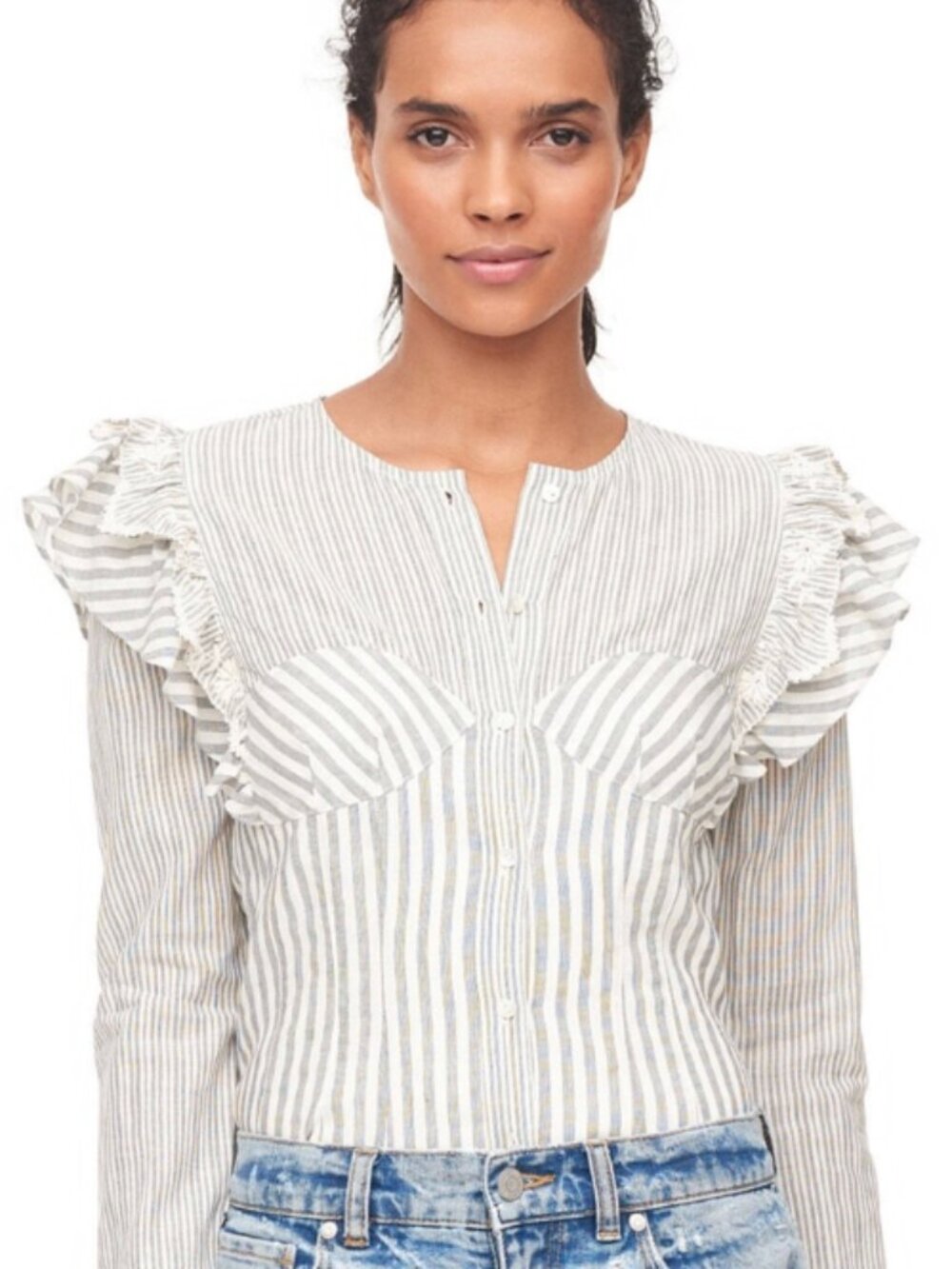 Rebecca Taylor | Long Sleeve Striped Eyelet Top Embroidered Cuff White Size 0